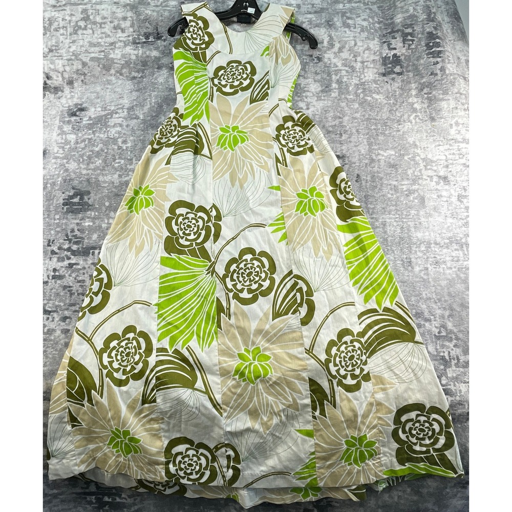 Women's Small Long Green White Floral Sun Dress Maxi Sleeveless Vintage Style
